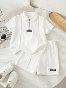 SHEIN 2件組兒童青少年男童白色華夫格紋理布料休閒POLO衫與短褲套裝，短袖，適合夏季、日常穿著、上學、旅行、運動，春/夏 - 白色 - 查看 6