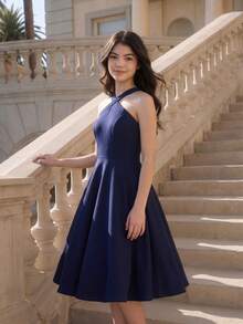 Robe formelle bleu marine pour adolescentes, bretelles spaghetti croisées, robe minimaliste élégante, tissu léger et doux, convient pour les vacances, la remise des diplômes, la rentrée scolaire, la saison des mariages, les différents bals et les occasions formelles - Bleu marine - Voir 1