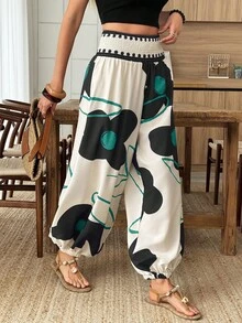Elouméa 女款春夏度假彈性腰燈籠褲，女款休閒度假長褲，時尚花卉印花，夏季穿著 - 彩色 - 查看 5