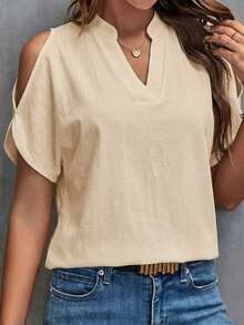 SHEIN Clasi 女款標準小V領白色100%純棉短袖春夏百搭襯衫 - 卡其色 - 查看 5