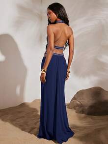 Opulessa Vestido de mujer de punto de malla con recortes, cuello halter y espalda descubierta, color liso, para vacaciones de primavera/verano - Azul Marino - Ver 2