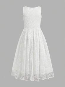SHEIN Tween Mädchen Lässiges elegantes Mode einfarbiges weißes Spitzenkleid, vielseitig geeignet für den täglichen Gebrauch, Zeremonien, Partys, neues Mädchenkleid, Teeparty-Kleid, weißes Kleid, Sommerkleid - Weiss - Übersicht 3