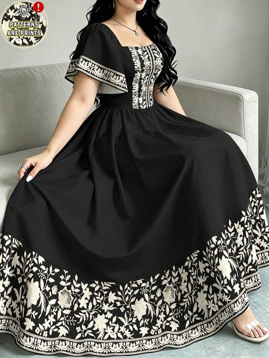 Modelyn 女款優雅花卉印花洋裝,女款時尚方領大喇叭袖短袖洋裝,裙襬荷葉邊設計,花卉圖案黑色長洋裝,適合夏季度假與日常穿著 - 彩色 - 查看 1
