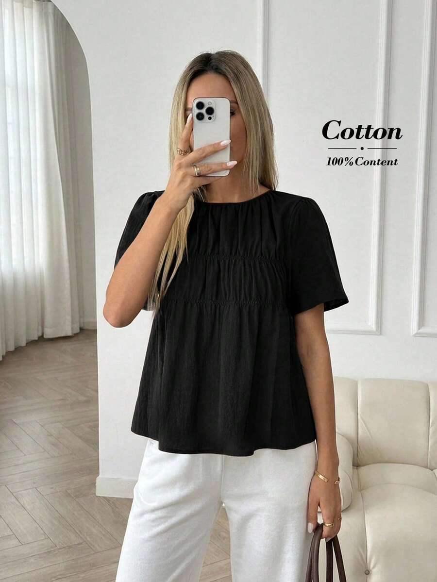 SHEIN LUNE 大尺碼夏季休閒純色短袖襯衫 - 黑色 - 查看 1