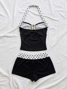 Soleia Women's Polka Dot Print Halter Neck Tank Top And Shorts 2 Pieces Set - White - View 2