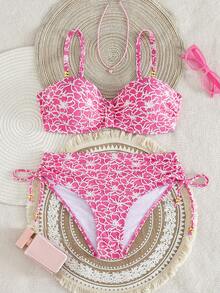 Swim Lushoire Women's Summer Beach All-Over Print Ruched Spaghetti Strap Bikini Top And Triangle Bottom Two-Piece Swimsuit Set - Pink - View 5
