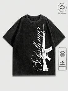 ROMWE MEN Street Life Men's Summer Casual Gun Letter Print T-Shirt - Black - View 3