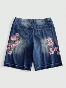 ROMWE MEN Street Life 男士刺繡磨損牛仔短褲 - 藍色 - 查看 2