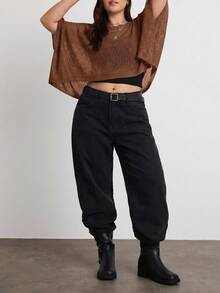 Easelle Women's Solid Color Boat Neck Batwing Sleeve Cropped Sweater - Brown - View 3