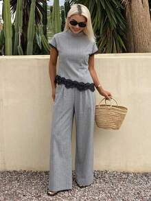 DAZY Spring Summer Women's Striped Waist-Cinched Short Sleeve Asymmetrical Hem Design Lace Patchwork Loose Fit 2pcs Set Long Pants - Grey - View 4