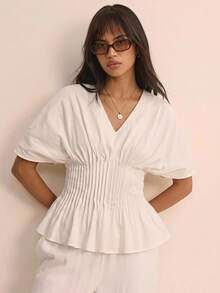 COSMINA Women's Casual Elegant Ruffle Waist Off-White Blouse Brunch Summer/Work Outfits For Women - White - View 2