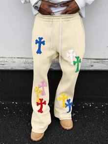 PAVTROS Men's Casual Loose Cross Embroidery Sweatpants - Apricot - View 4