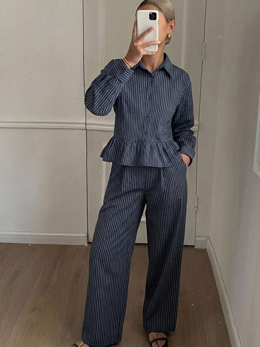 DAZY 女款夏季條紋細肩帶吊帶背心與長褲休閒兩件套 - 藏蓝色 - 查看 1