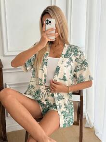 Easowa 女款度假植物印花短袖襯衫與短褲休閒兩件套，休閒服飾 - 綠色 - 查看 5