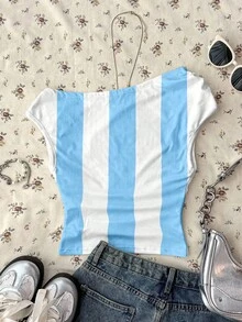 Attitoon Women's Summer Casual Colorblock Striped Asymmetric Neckline Top - Multicolor - View 2