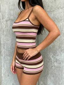 SHEIN EZwear Summer Colorblock Striped Camisole And Shorts Set - Multicolor - View 5