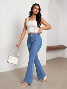 SHEIN MOD Women's Casual Washed Flare Jeans Jeans For Women High Waisted - Blue - View 4