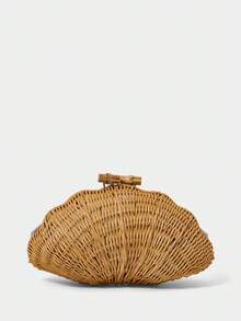 SHECARRY Bolso de mano tejido a mano de ratán con forma de concha para mujer, verano playa, clutch caqui, forma llamativa, ligero y versátil, adecuado para vacaciones, playa, estilo bohemio - Marrón - Ver 3
