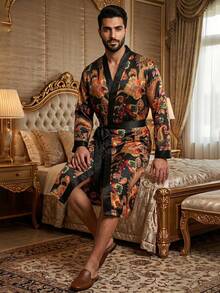 Jahmira Men's Floral Print Long Sleeve Loose Fit Robe - Black - View 4