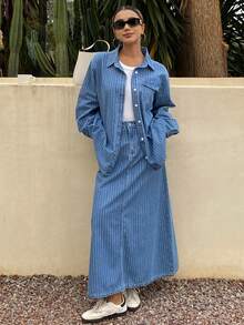 DAZY Women's Casual Striped Pocket Shirt And Denim Skirt 2-Piece Suit, Spring/Summer - Blue - View 5