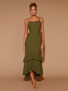 COSMINA Women's Elegant Ruffle Short Sleeve Round Neck Long Dress For All Seasons, Valentine's Day, Date, Party - Army Green - View 7