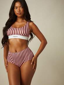 MISSGUIDED Striped Bralette With Logo Tape Band Scoop Neck Crop Top Bra Candy Stripe Summer Beach - Pink - View 3