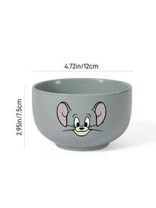 TOM & JERRY X SHEIN 經典貓鼠主題陶瓷碗，可愛角色印花穀物碗，沙拉/湯碗，適用於早餐與日常使用 - 淺灰色 - 查看 6