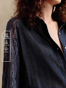 EMERY ROSE Women's Navy Blue Elegent Viscose Button Up Shirt With Lace Hollow Embroidery Design,Autumn Office Work Long Sleeve Inner Wear Daily Casual Commuting - Blue - View 2