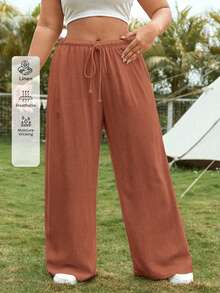 SHEIN EZwear Plus Size Women Linen Drawstring Waist Loose Casual Pants - Red - View 6