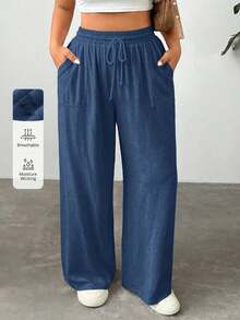 SHEIN EZwear 大码女式纯色抽绳腰口袋阔腿休闲裤 - 霧霾藍 - 查看 6