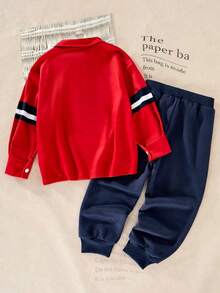 SHEIN Casuvi Young Boys 2-Piece Set, Polo Collar Long Sleeve Top & Solid Pants, Sporty Casual Striped Outfit For Daily Wear, Vacation, Back To School, Autumn - Red - View 2