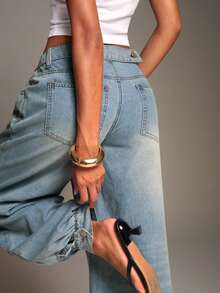 SHEIN BAE Celana Jeans Wanita Model Lentera dengan Desain Saku dan Motif Cuci, Cocok untuk Perjalanan Sehari-hari, Celana Kerja Wanita Musim Gugur - Light Wash - View 7