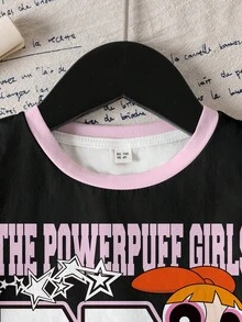 THE POWERPUFF GIRLS X SHEIN 少女卡通印花T恤和短裤套装 - 白色 - 查看 3