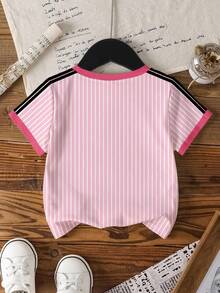 THE POWERPUFF GIRLS X SHEIN 年轻女孩夏季条纹花朵、泡泡、毛茛图案圆领短袖 T 恤 - 白色 - 查看 2