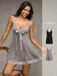 Wedaily 2pcs Lace Patchwork Big Bow Deep V Comfortable Daily Sleeping Women's Nightgown Grey Black Summer Elegant - Multicolor - View 1