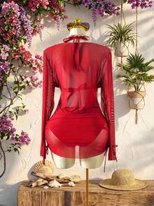 Swim SXY Setelan Baju Renang Wanita 3 Potong Ukuran Plus dengan Hiasan Bunga, Warna Polos, Seksi - Merah - View 4