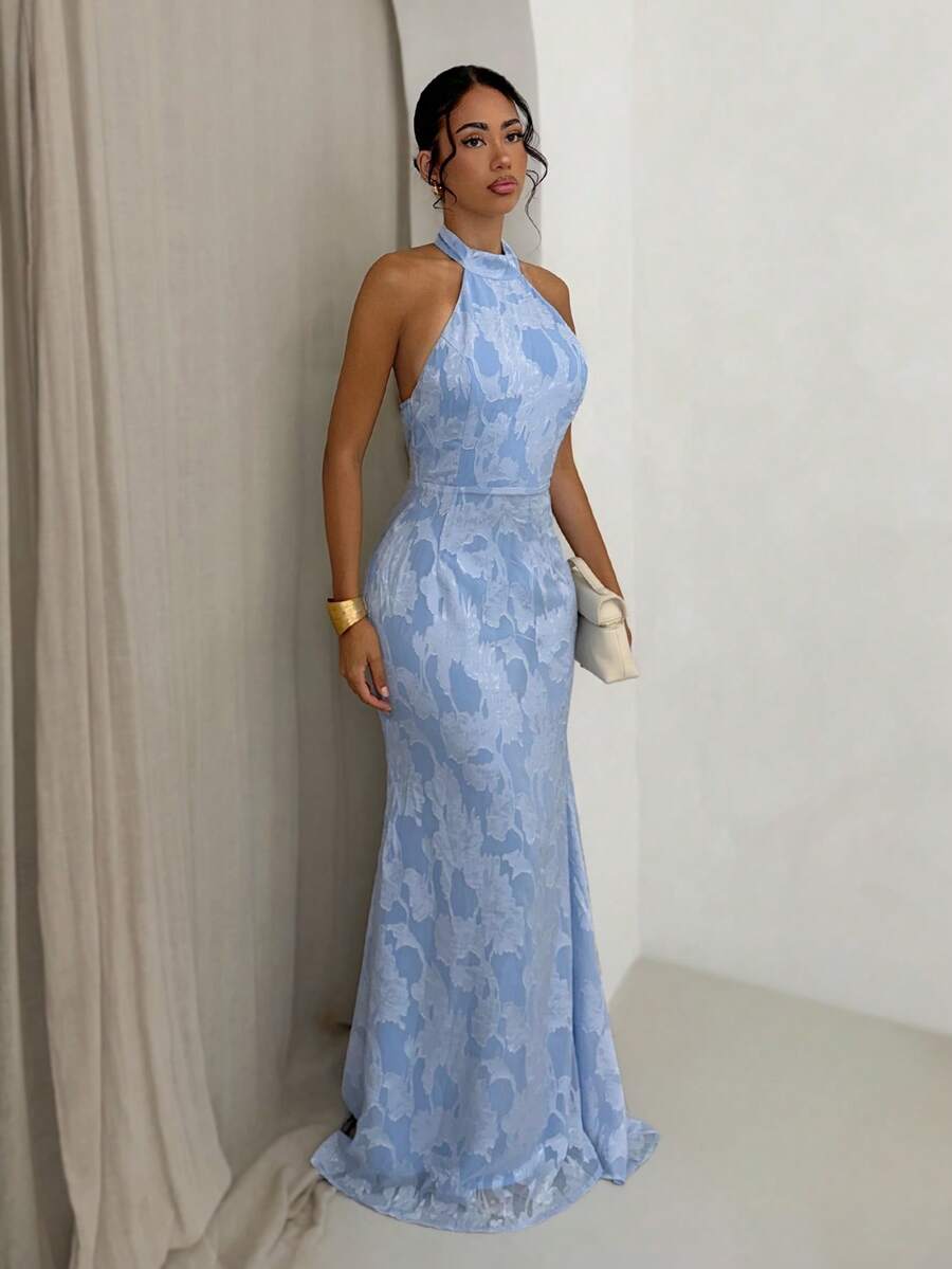 Glamine 女款優雅簡約休閒晚禮服,Y2K辣妹亮片印花掛脖露背長裙,高領無袖收腰修身開衩貼身裙,歐美風優雅正式晚宴派對生日派對輕禮服,時尚派對長裙 - 淺藍色 - 查看 1