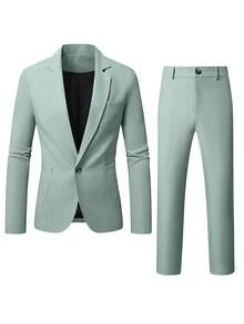 Manfinity Mode Conjunto de traje casual para hombre con cuello de solapa de unicolor, primavera/verano, formal, ceremonia - Verde - Ver 3