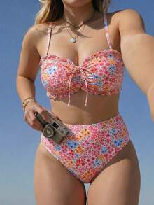 Swim Mod Conjunto de Bikini Talla Grande 2026 Nuevo Primavera/Verano Estampado Floral Aleatorio Decoración de Volantes Cordón Frontal Mujer Lindo Dulce Adecuado para Playa de Verano y Vacaciones - Multicolor - Ver 1