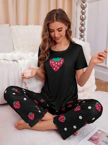 SHEIN Casual Underwear&Sleepwear 女款草莓印花圓領短袖上衣與長褲睡衣套裝 - 彩色 - 查看 4