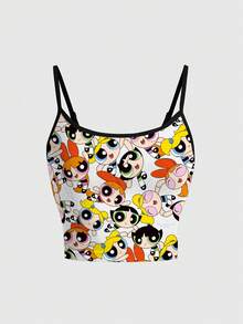 THE POWERPUFF GIRLS X SHEIN 女款夏季全身印花卡通圖案細肩帶吊帶背心上衣 - 白色 - 查看 3