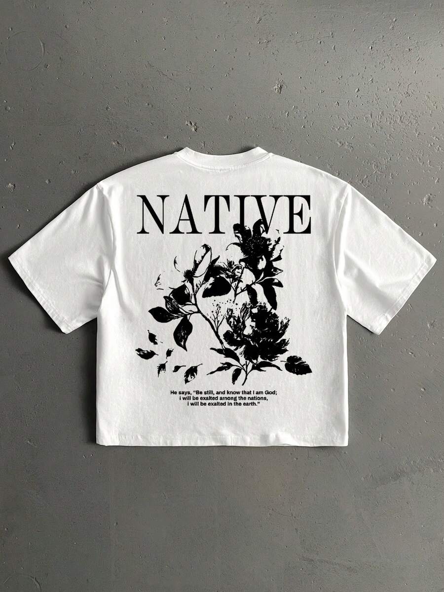 StoneGrade Camiseta de manga corta para hombre de talla estándar, corte corto y ajuste holgado, color blanco, con estampado de moda de planta floral marchita en película negativa negra y tipografía de letras inglesas - Blanco - Ver 1