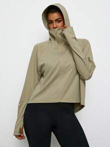 Levarali Plus Size Women's Hooded Sports Jacket, Sun Protection Outerwear, Zipper Jacket, Cropped Jacket, Sports, Fitness, Outdoor, Sunshade Fall - Light Grey - View 4