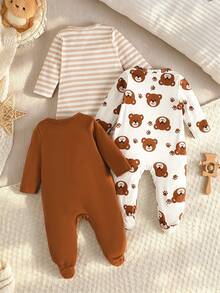 SHEIN Newborn Baby 3 Pieces Set Cute Striped Bear Print Crewneck Long Sleeve Zipper Jumpsuit Fall/Winter - Multicolor - View 3