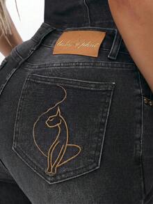 BABYPHAT Plus Size Capri Denim Jeans With Cuffed Hem, Embroidered Logo Pocket, Acid Wash Stretch Fit - Black - View 3