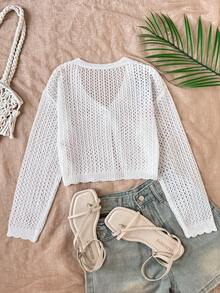 SHEIN Cardigan Rajut Berongga untuk Remaja Perempuan, Cocok untuk Acara Santai, Liburan Pantai, Kumpul-kumpul, dan Lainnya, Nyaman, Serbaguna, dan Lembut - Aprikot - View 2
