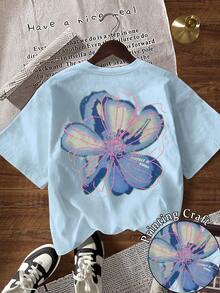 EMERY ROSE Women's Floral Print Casual Round Neck Short Sleeve T-Shirt - Baby Blue - View 1