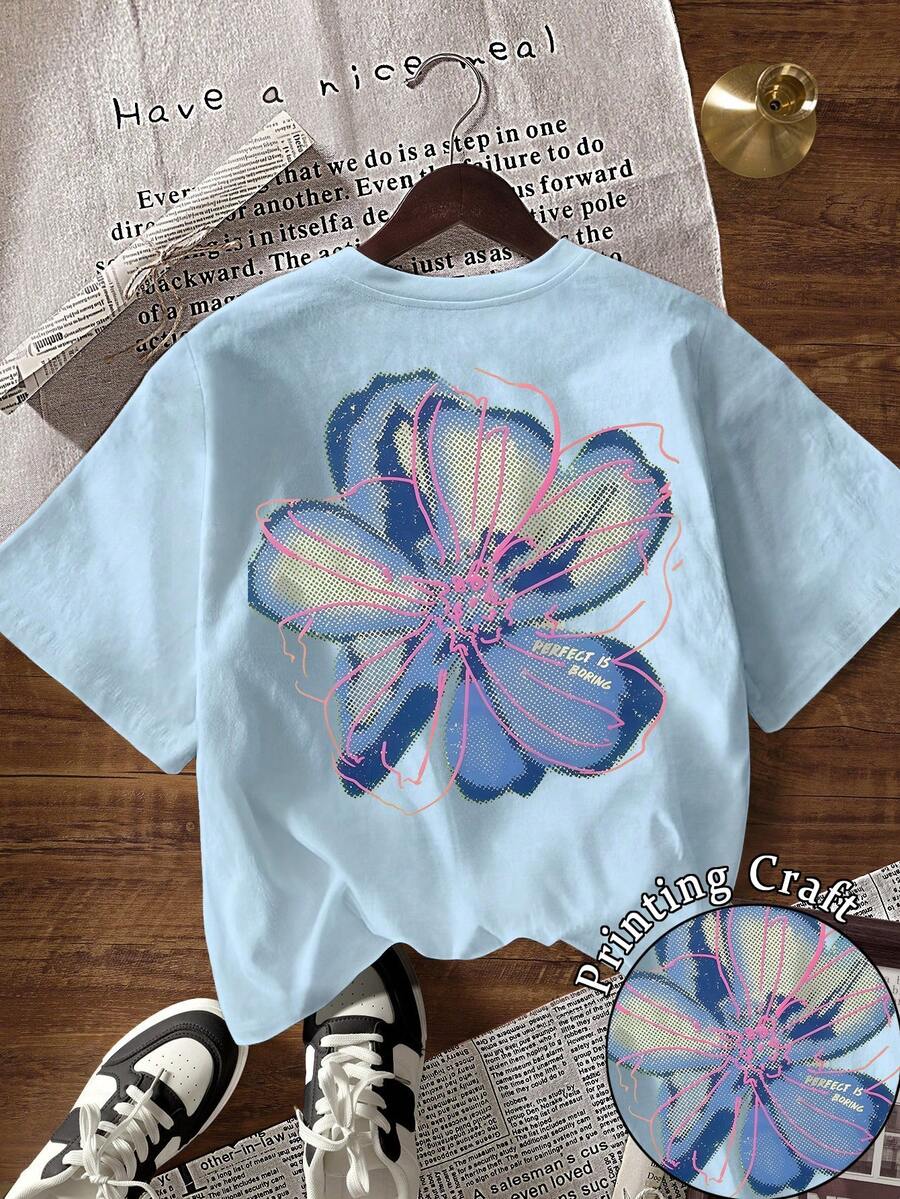EMERY ROSE Women's Floral Print Casual Round Neck Short Sleeve T-Shirt - Baby Blue - View 1