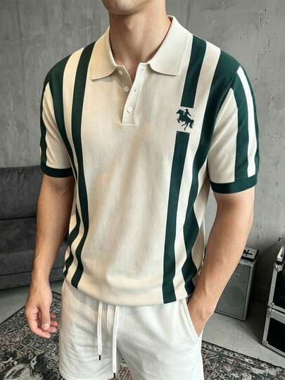 NEOREFINED Camisa Polo Casual Masculina Madura com Blocos de Cores Bege & Verde e Listras, Camisa Polo Casual Clássica da Moda com Padrão de Cavalo e Blocos de Cores Bege & Verde com Gola Listrada