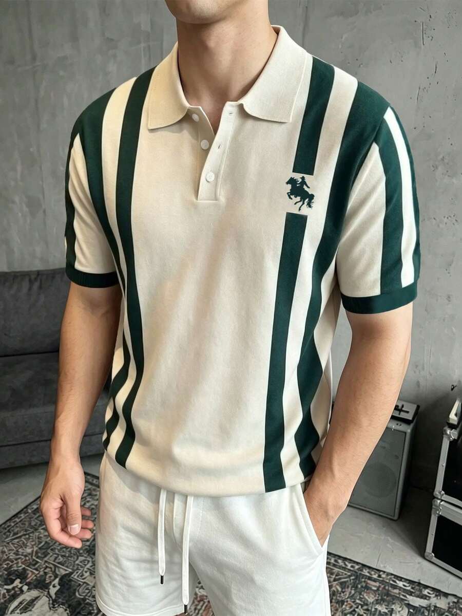 NEOREFINED 男士成熟休閒米色與綠色拼色條紋 POLO 衫,經典時尚休閒馬紋米色與綠色條紋拼色領 POLO 衫 - 彩色 - 查看 1